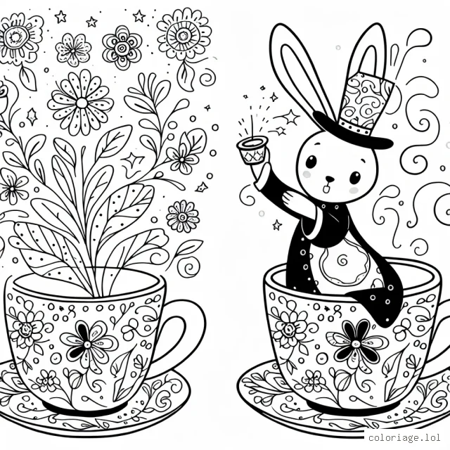 Un petit lapin magicien sortant d'une tasse de thé aux motifs floraux
