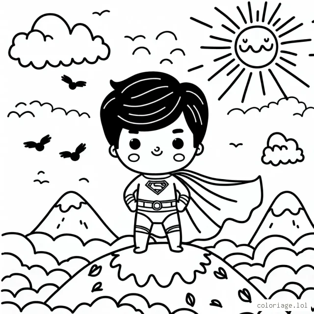 Un petit garçon vêtu de sa tenue de super-héros préférée, debout au sommet d'une montagne avec une cape ondulant au vent, entouré de nuages, de soleil et d'oiseaux volants.
