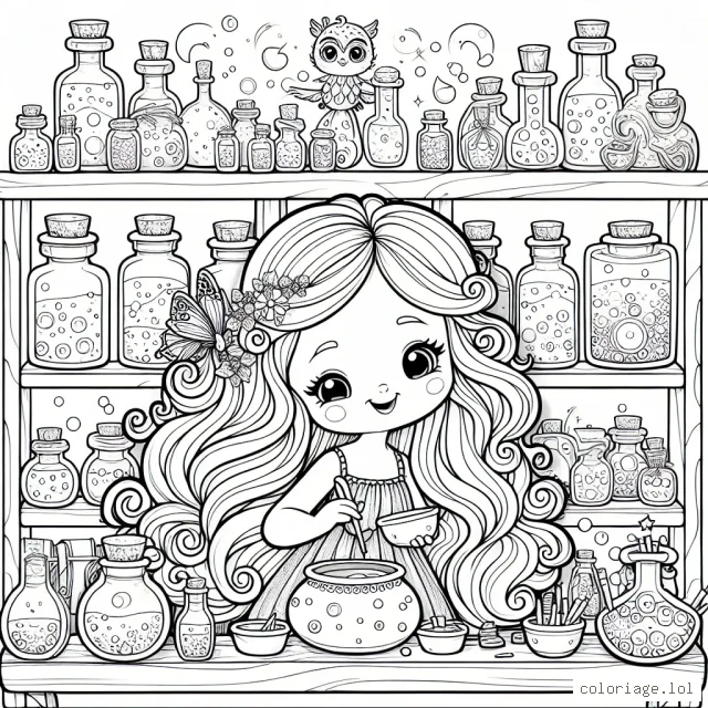 Une petite fée souriante aux longs cheveux ondulés est occupée à préparer des potions magiques de différentes couleurs dans son atelier. Elle est entourée de nombreux pots de différentes formes et couleurs, chacun contenant une potion différente. Les étagères derrière elle sont remplies de livres et de pots mystiques. Une petite chouette dorée est perchée sur une de ces étagères, la regardant travailler avec intérêt.