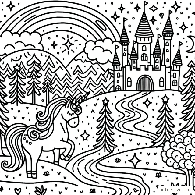 Imagine un paysage fantastique avec une licorne, un château enchanté et un arc-en-ciel brillant, le tout entouré de forêt enchantée.