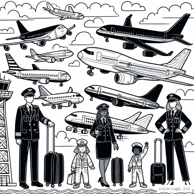 Dans ce scénario de coloriage, tu vas illustrer une journée passionnante à l'aéroport avec différents types d'avions et leurs pilotes courageux. N'oublie pas de colorier le ciel azur au-dessus d'eux !