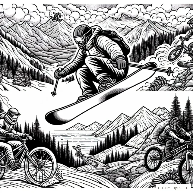 Un athlète d'aventure en pleine action fait du snowboard hors piste, saute d'une montagne avec des skis, fait du BMX à travers une piste escarpée, fait du surf sur de grosses vagues. L'arrière-plan comprend des montagnes enneigées, une forêt épaisse, un océan agité et une piste de BMX très détaillée.