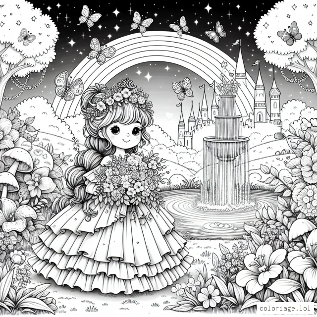 Une petite princesse aux longs cheveux tressés se tient dans un jardin enchanté. Elle porte une longue robe à volants et tient un bouquet de fleurs magiques. Tout autour d'elle, des papillons chatoyants et des oiseaux joyeux virevoltent. Le jardin regorge de plantes et de fleurs colorées, de champignons féeriques et d'une belle fontaine scintillante. Au loin, on peut voir un château magnifique sous un arc-en-ciel magique dans le ciel étoilé.