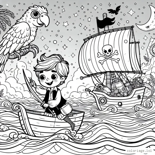 Un petit garçon déterminé équipe son bateau pirate pour partir à la découverte d'une île mystérieuse, avec son perroquet fidèle sur son épaule. Des vagues menaçantes, des trésors scintillants et un terrible kraken attendent leur aventure!