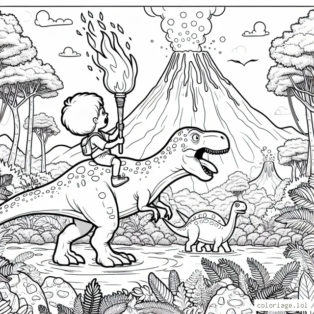Un petit garçon chevauchant un dinosaure géant tout en tenant une torche enflammée. Le décor représente une forêt dense à l'époque des dinosaures avec des volcans actifs en arrière-plan.
