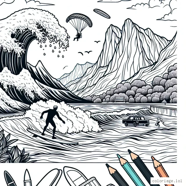 Parmi les falaises et les vagues de l'océan déchainé, un surfeur s'apprête à conquérir la vague ultime. En arrière-plan, au sommet des montagnes, un parapentiste s'envole vers le ciel tandis qu'un skateur réalise une cascade audacieuse dans un skatepark urbain à proximité.