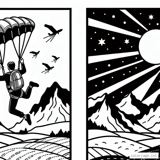 Dessinez un scénario sportif énergique où un athlète effectue un saut en parachute avec des montagnes et un soleil couchant en arrière-plan.