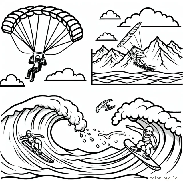 Dessine un parachutiste survolant la montagne, un surfeur affrontant une énorme vague et un skieur faisant une cascade.