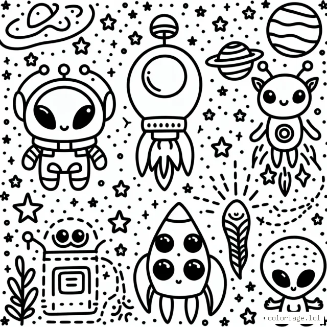 Amuse-toi en coloriant une aventure spatiale avec des extraterrestres, des étoiles, une fusée et des planètes!