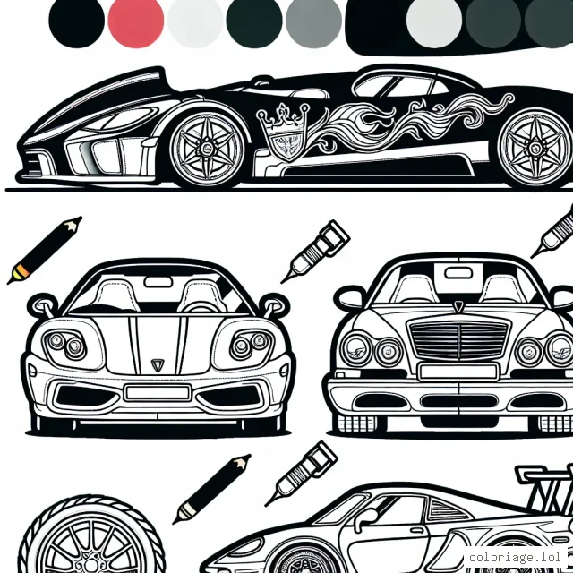 Dessine une scène avec une voiture de chaque marque suivante : Ferrari, BMW, Audi, Mercedes et Porsche. Assurez-vous d'intégrer les logos de chaque marque de manière créative dans le dessin.