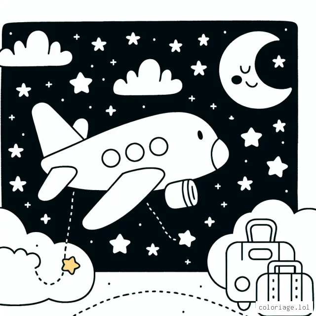 Un avion survolant le ciel étoilé, accompagné par la lune souriante et les petites étoiles scintillantes. L'avion transporte différentes formes géométriques colorées symbolisant les bagages. Il y a aussi des nuages pour ajouter une touche de diversité aux couleurs.