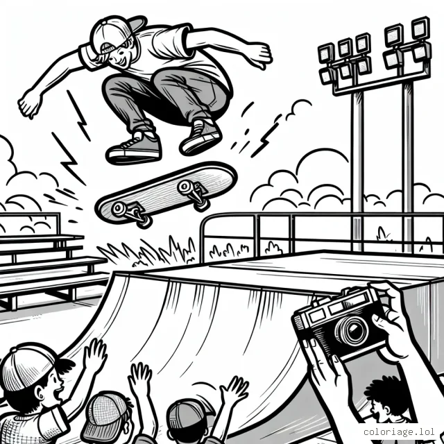 Dessine un skateur qui fait une pirouette dans le ciel, au-dessus d'une grande rampe dans un parc à skate. Et n'oublie pas d'ajouter de l'action à la scène en dessinant ses amis qui l'encouragent et applaudissent. Tu peux aussi leur donner des appareils photos pour qu'ils prennent des photos de ce moment excitant.