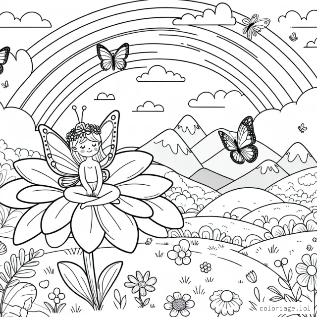 Retrouve-toi dans le royaume de la fée des fleurs avec cette image à colorier. Elle est assise sur une grande fleur entourée de papillons. Il y a également un arc-en-ciel au loin. Utilise tes couleurs préférées pour donner vie à ce monde féerique.