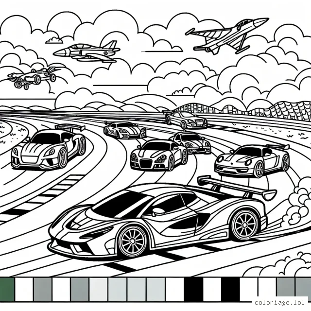 Dessine une scène d'une course de voitures sportives sur une piste animée, avec des voitures de différentes formes et tailles.