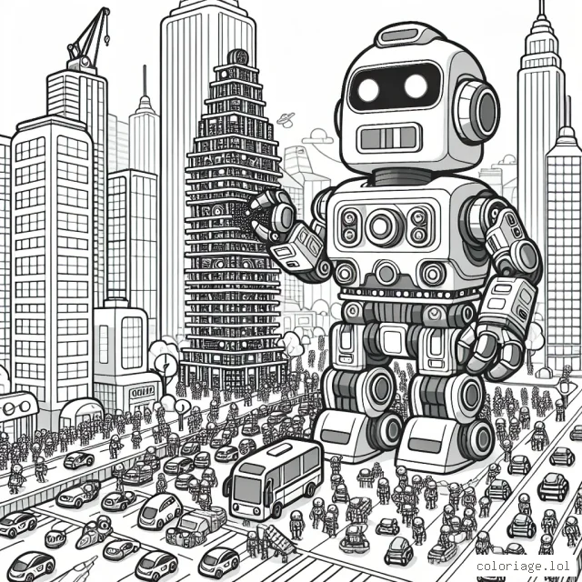 Imagine un robot géant attentif debout dans une ville moderne animée. Les bâtiments sont hauts avec de nombreuses fenêtres et des voitures sont embouteillées sur la route. Le robot géant est en train de construire une tour avec des blocs de construction spéciaux lumineux à partir de rien. Des dizaines de petits robots aident à fournir les pièces nécessaires pour la tour.