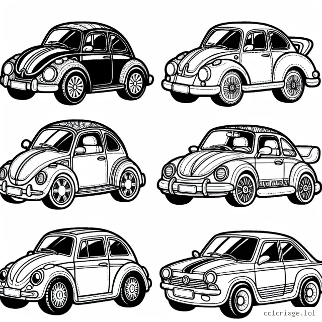 Une jolie chorale de voitures de différentes marques attend de recevoir des couleurs. Chaque voiture possède un contour noir et des détails bien rendus pour faciliter le coloriage. Des marques comme Ferrari, BMW ou Toyota sont présentes, chacune avec leur style unique. À vous de choisir les couleurs pour personnaliser chaque voiture à votre goût!