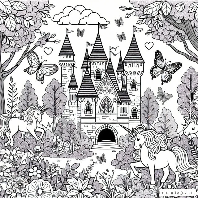 Un château des fées dans la forêt enchantée entouré de licornes et de papillons