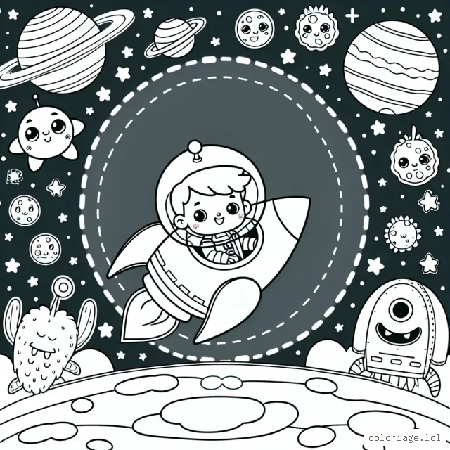 Un petit garçon pilote une fusée spatiale vers une planète lointaine, peuplée d'extraterrestres amicaux et colorés.