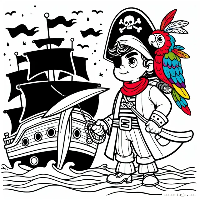 Imaginons un courageux pirate se préparant à monter à bord de son grand navire pour naviguer sur les mers tumultueuses à la recherche d'un trésor mystérieux. Il porte une écharpe rouge, une veste bleue et une épée brillante tandis que son inséparable perroquet multicolore se perche sur son épaule.