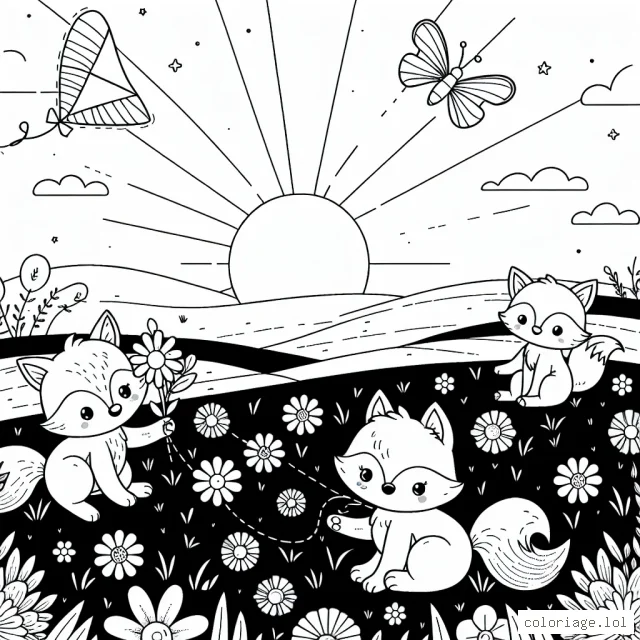 Dans ce dessin, trois petits renards jouent dans un champ de fleurs printanières pendant que le soleil se couche doucement en arrière-plan. L'un des renards tient un cerf-volant, le deuxième tente de sauter par-dessus une fleur et le troisième est assis dans l'herbe en regardant le coucher de soleil. A côté de eux, un papillon virevolte au-dessus des fleurs.