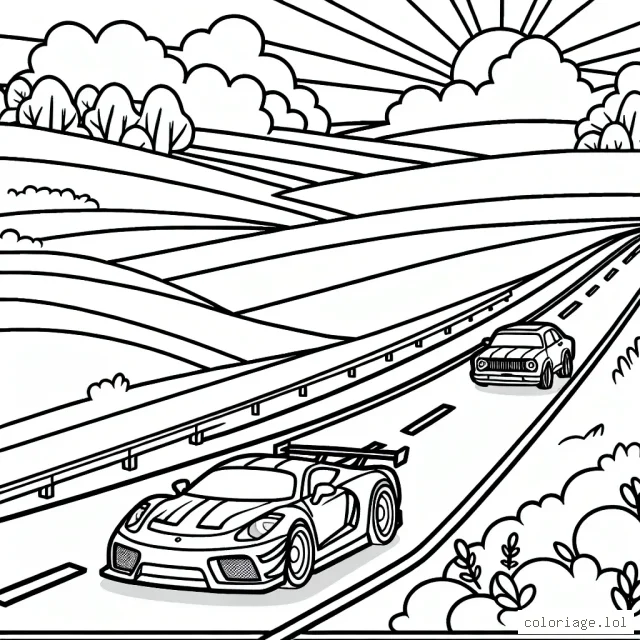 Dessine une course colorée de voitures sur l'autoroute avec le soleil couchant en arrière-plan.