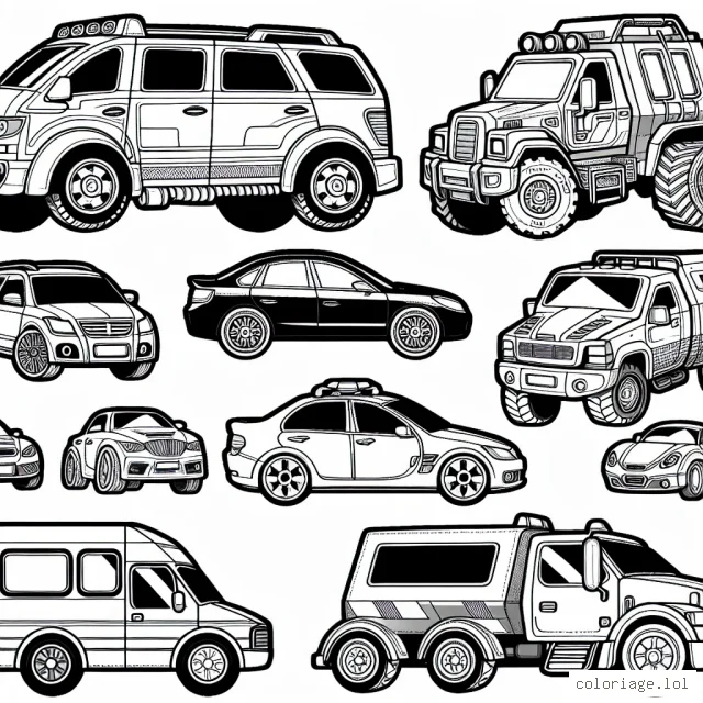 Voici un assortiment de voitures provenant de différentes marques célèbres. Chaque voiture a son propre design et ses caractéristiques uniques à sa marque. Maintenant, c'est à toi de leur donner de la couleur! N'oublie pas, chaque marque a souvent une couleur qui lui est associée, essaie de le rappeler lorsque tu les peins.