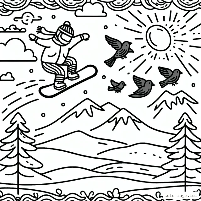 Dessine un snowboardeur en plein saut au-dessus d'une montagne, avec des oiseaux volant à proximité et un soleil couchant en arrière-plan.