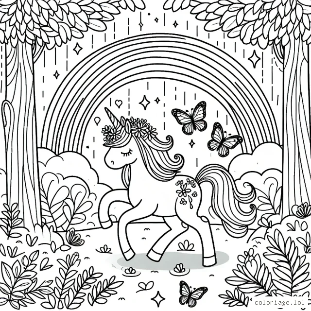 Dans une forêt enchantée, une licorne joue avec des papillons magiques sous un arc-en-ciel