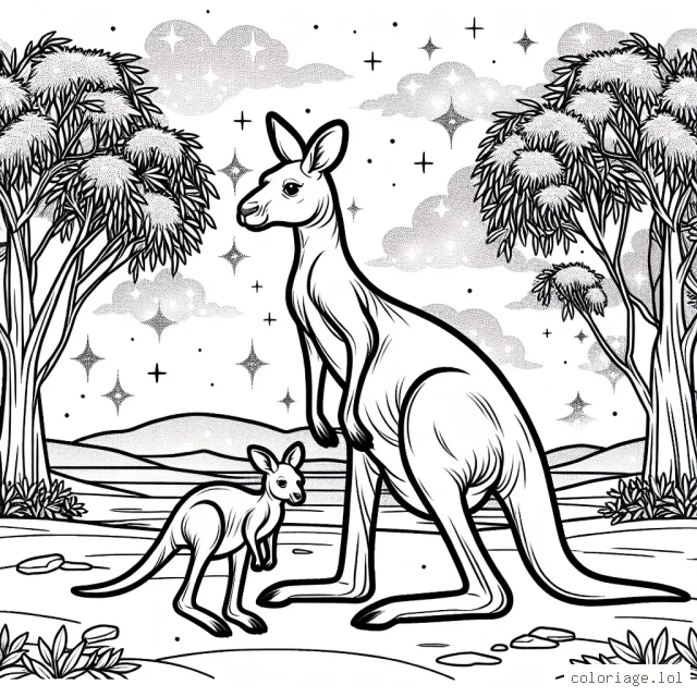 Un kangourou et son bébé traversent une plaine, entourés par des eucalyptus sous un ciel étoilé.
