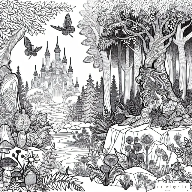 Un paysage d'une forêt enchantée avec des animaux magiques