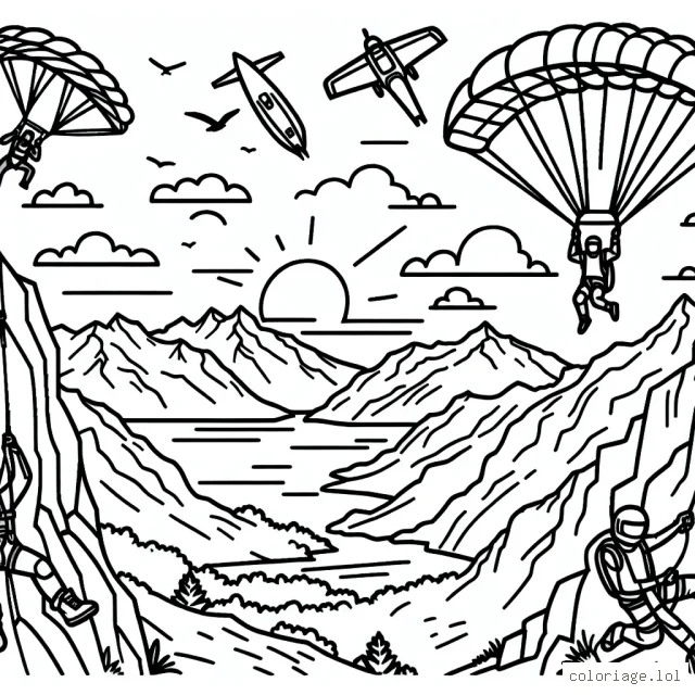 Un dessin à colorier représentant une panoplie de sports extrêmes dans un paysage époustouflant.