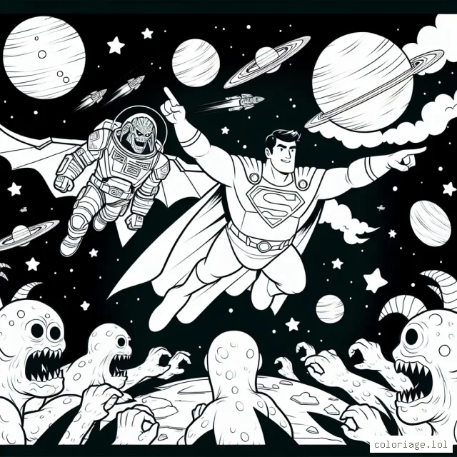 Dessine un super-héros volant dans l'espace pour sauver une planète de l'attaque d'aliens monstrueux.