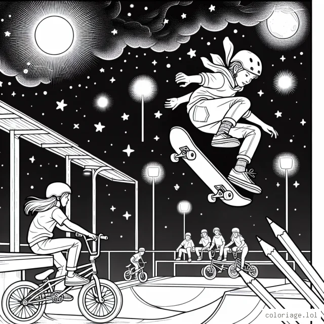 Un jeune skateboarder exécutant un impressionnant flip sous un ciel étoilé, pendant qu'une fille fait du BMX dans un parc de skate éclairé par des projecteurs.