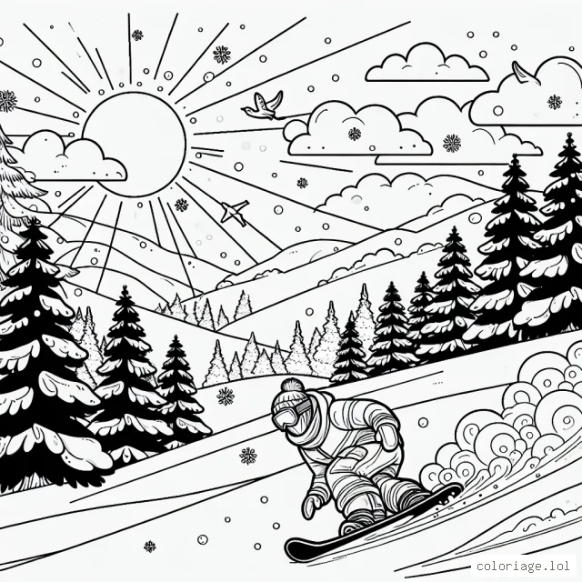 Imagine un snowboardeur dévalant une montagne enneigée avec une forêt d'arbres givrés en arrière-plan. L'image intègre également des détails comme le soleil qui brille à l'horizon, des oiseaux volant dans le ciel, et des flocons de neige tombant doucement.