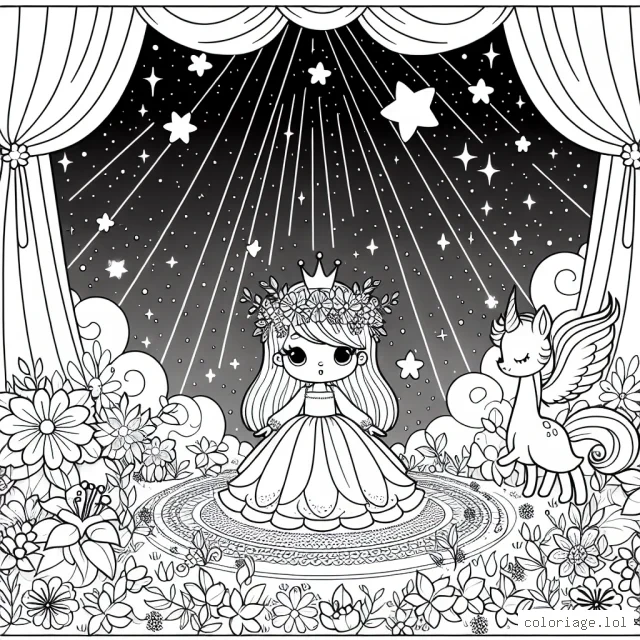 Princesse Lucie dans son jardin magique peuplé d'animaux féériques, entouré de fleurs lumineuses sous un ciel étoilé
