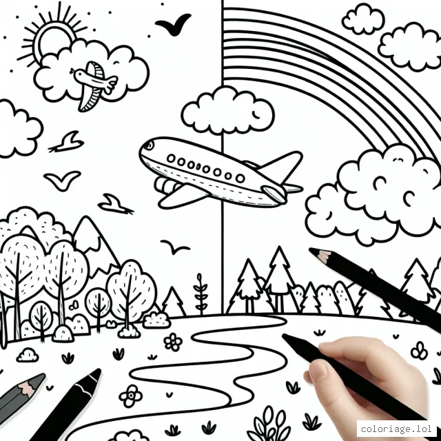 Dessinez un avion qui vole haut dans le ciel, entouré de nuages et d'oiseaux. N'oubliez pas d'inclure un arc-en-ciel coloré et un paysage naturel tranquille en dessous.