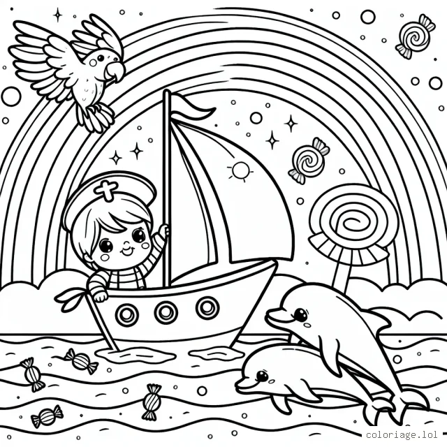 Un enfant-capitaine navigue sur une mer brillante sous un arc-en-ciel géant avec un perroquet coloré sur l'épaule, tandis que des dauphins amicaux sautent autour du bateau au milieu de bonbons flottants
