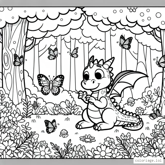 Un dragon amical joue avec des papillons dans une forêt enchantée.
