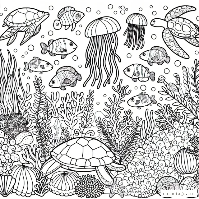 Faites ressortir les couleurs des fonds marins dans ce chef-d'œuvre illustrant une variété d'animaux marins, des poissons aux tortues de mer, aux méduses, en passant par les coraux vibrants et les plantes marines luxuriantes.
