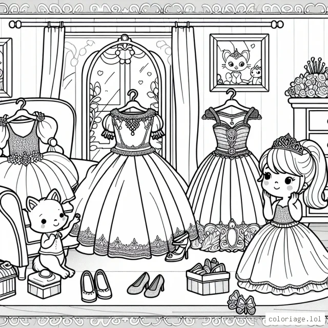 Une jeune princesse se prépare pour le bal royal dans sa chambre somptueusement décorée. Elle essaie différentes robes élégantes et soieuse, conversant avec ses amies les animaux de la forêt qui sont venus pour l'aider. Autour d'elle, il y a un choix de coiffures élégantes, de bijoux et de chaussures à colorer et à décorer.