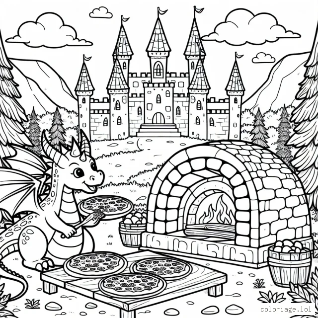 Un gentil dragon qui fait cuire des pizzas dans un four à bois, dans la cour de son château médiéval entouré de forêt enchantée