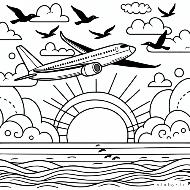 Dessinez un avion à réaction traversant le ciel lors du coucher du soleil avec des oiseaux qui volent autour.