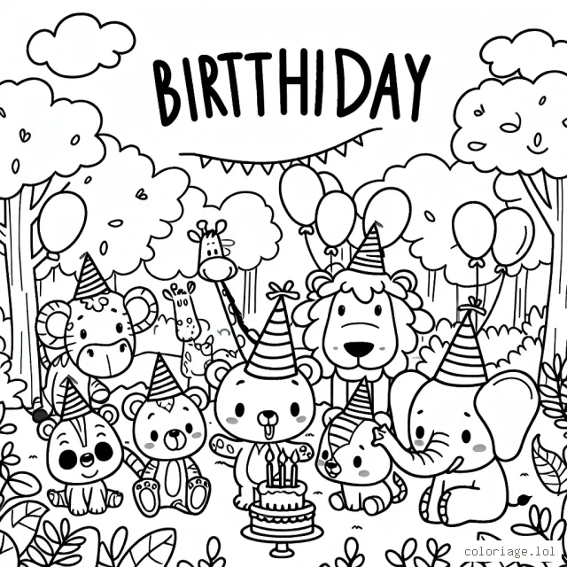 Imagine un scénario où divers animaux de la jungle s'amusent à une fête d'anniversaire forestière
