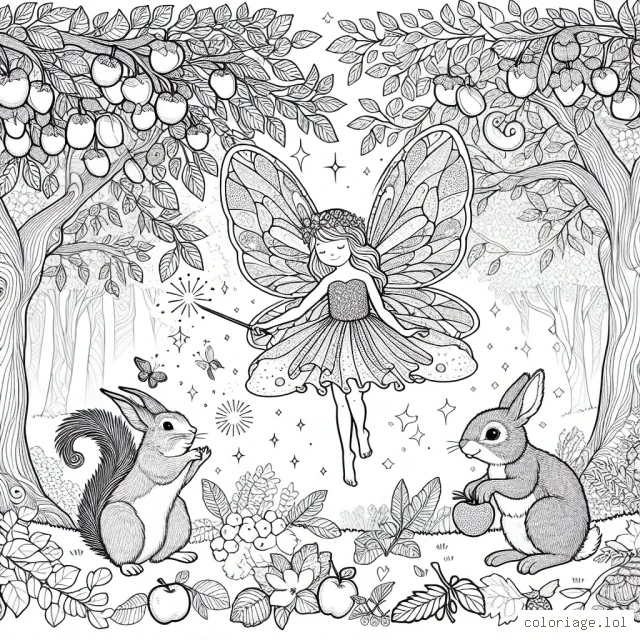 Dans une forêt enchantée, une petite fée à ailes irisées virevolte entre de somptueux arbres aux fruits chatoyants. Elle sourit, tenant une baguette magique étincelante, prête à apporter la joie et la magie dans le monde. Elle est accompagnée de ses amis les animaux : un lapin doux et espiègle, un écureuil rusé et curieux, et un hibou sage et bienveillant. À vous de donner vie à cette scène avec vos belles couleurs !