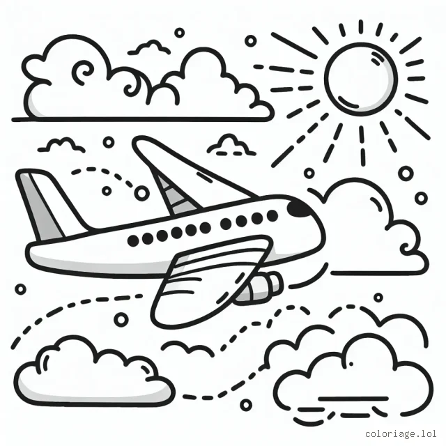 Dessinez un avion aérien en plein vol parmi les nuages, avec un soleil brillant au fond.