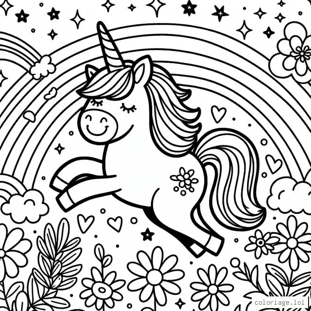 Un licorne joyeuse dans un monde magique entourée de fleurs, d'arc-en-ciel et d'étoiles pétillantes
