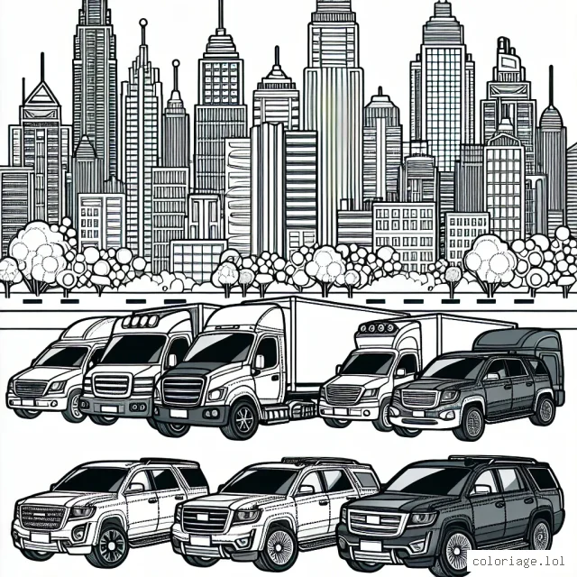 Dans ce dessin, des voitures de différentes marques sont alignées devant un panorama urbain. Le logo de chaque marque est affiché distinctement sur chaque véhicule.