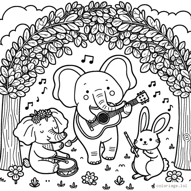 Une forêt enchantée avec des animaux qui jouent de la musique