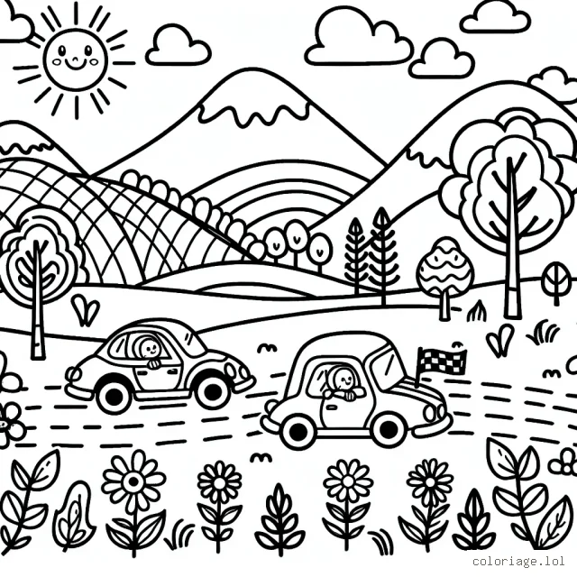 Dessine une course de voitures colorées dans la campagne, avec des montagnes en arrière-plan. Dessine aussi des arbres, des fleurs et un soleil souriant dans le ciel.