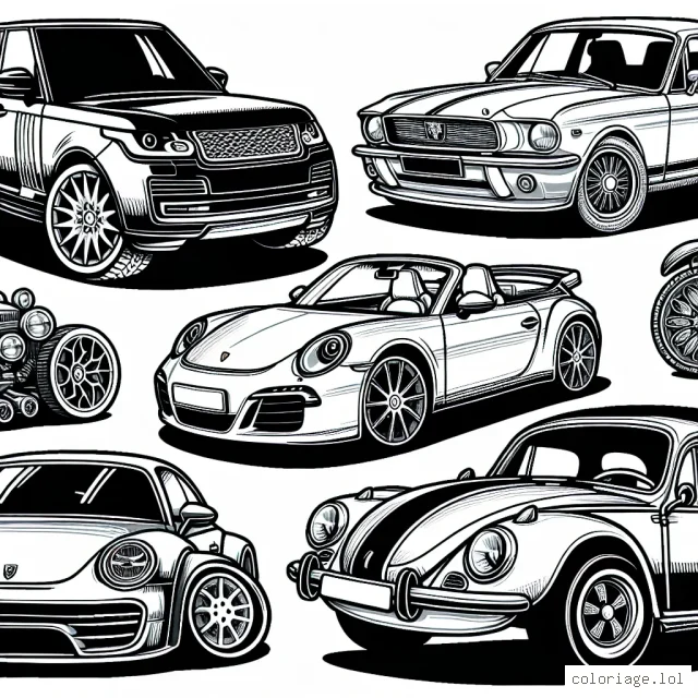 Imaginez une page de coloriage pour les enfants qui présente différentes marques de voitures, dont une Range Rover détaillée, une sportive Porsche élégante, une puissante Mustang, une classique VW Beetle et une majestueuse Rolls Royce. Chacune de ces voitures sera présentée avec des détails précis selon leur modèle spécifique, parfait pour les petits passionnés de voitures!